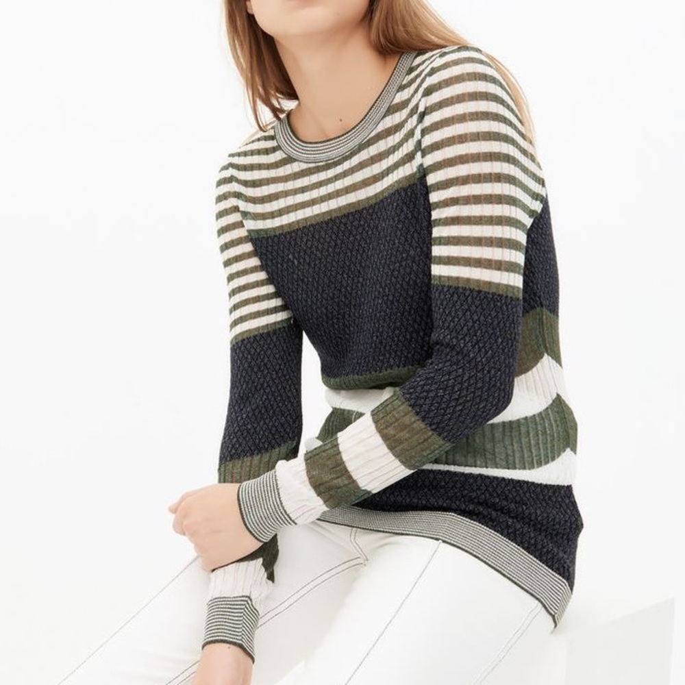 Sandro Paris long sleeve crew neck striped ribbed sweater pullover green gray